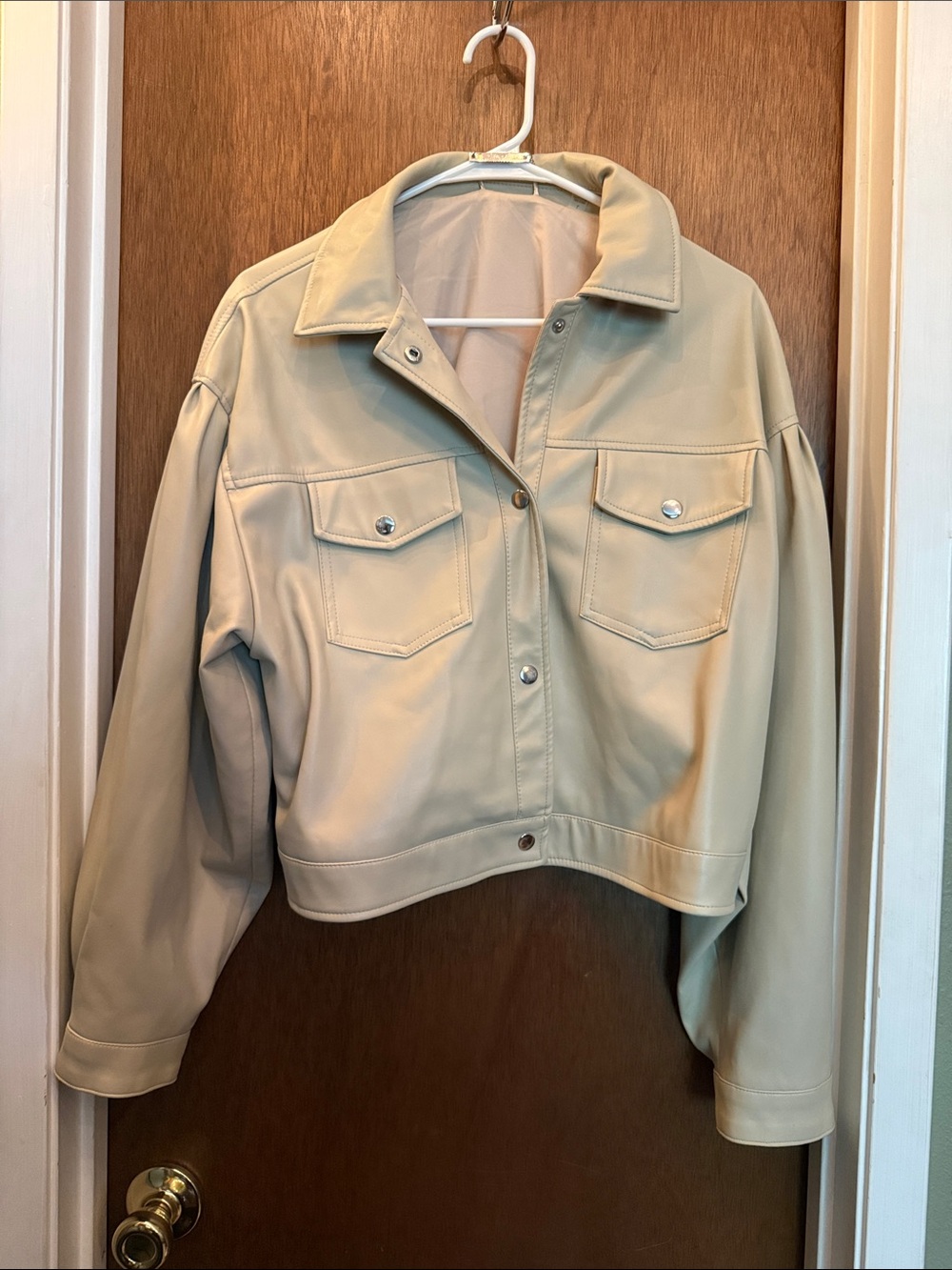 T Tahari Cream Faux Leather Button-Front Jean Jacket - Picture 1 of 7